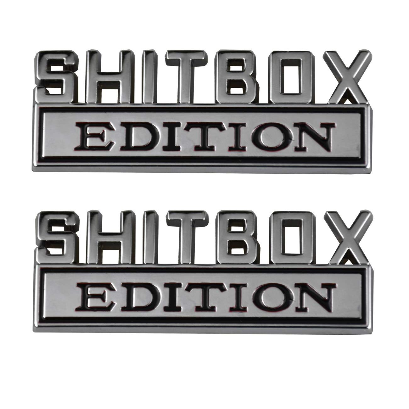 2Pcs Metal Shitbox Edition Car Emblem Badge 3D Sticker Decal Compatible With F-150 F250 F350 Silverado 1500 2500 3500 (Chrome)